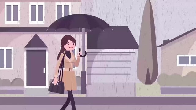 2D Animated Scene of a Corporate Woman with an Umbrella Walking Home in the Rain, Weather and Commute Concept
