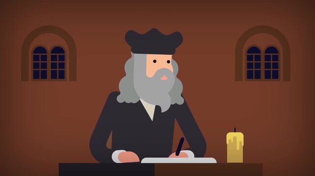 2D Animated Scene of an Old Scholar or Writer Writing a Book with a Quill under Candlelight, History and Literature Concept