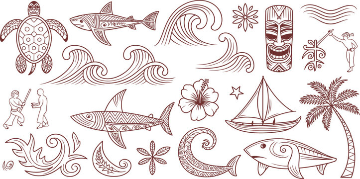 Hawaiian Tribal Tattoo Design Collection Featuring Sea Turtle, Shark, Ocean Waves, Tiki Mask, Tropical Flowers, and Polynesian Canoe in Traditional Island Style