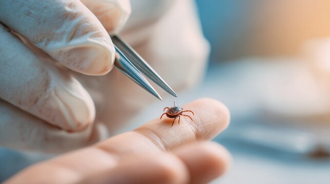 doctor carefully removing a tick from patient hand using medical tweezers during office visit, close-up of gloved hands and professional medical procedure in clean clinical setting