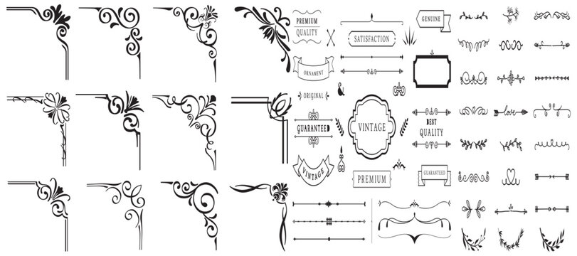 Set of decorative corner elements, Frame, Divider ornament, borders, doodle, separators, page dividers, header,vector