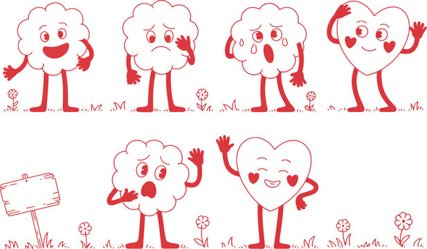 Cartoon heart and cloud characters expressing various emotions in a field