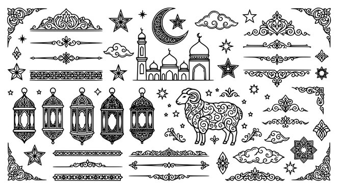 Eid al adha islamic art and architecture decorative elements set