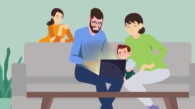 2D Animation of a Happy Family Sitting on a Sofa and Using a Laptop, Online Shopping and Education Concept