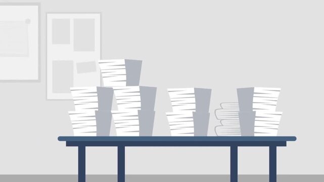 2D Animation of Massive Stacks of Paper Documents on an Office Table, Bureaucracy and Overwork Concept