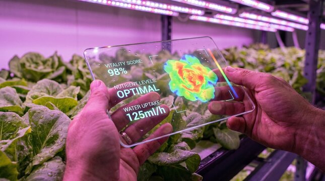 Farmer using futuristic tablet to monitor optimal plant growth in modern vertical farm