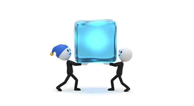 Two characters carrying a large glowing blue ice cube