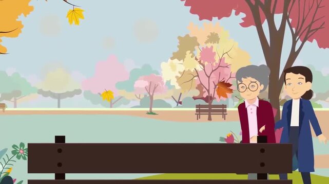 2D Animation of an Elderly Couple Sitting on a Bench in an Autumn Park, Happy Retirement and Love Concept