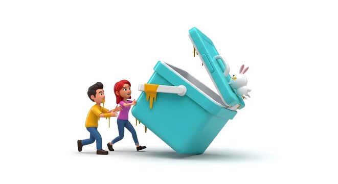 Couple pushing giant teal cooler box with a rabbit