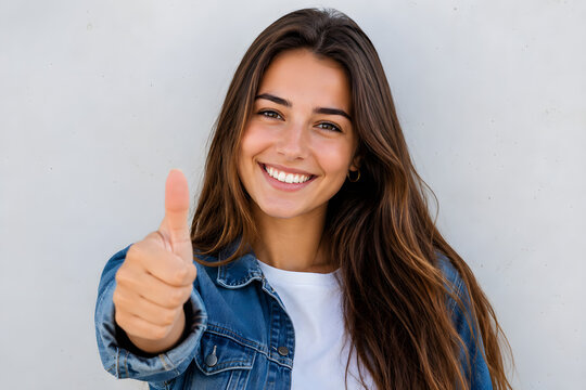 Smiling woman, thumbs up gesture, happy young female portrait, confident cheerful person showing approval and positive hand sign, friendly woman in denim jacket against clean white background, happine
