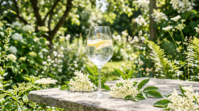 Refreshing summer drink, wine glass with lemon, garden setting, outdoor beverage