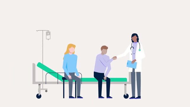 2D Animation of a Doctor Monitoring Patients resting on Ward Beds, Healthcare System and Clinical Nursing Concept