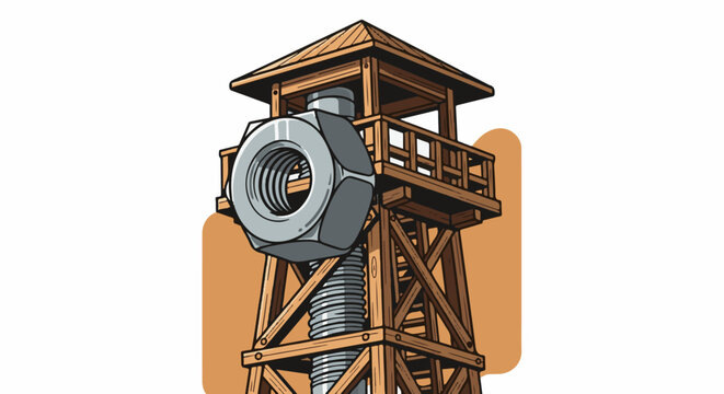 Wooden observation tower with a giant nut and bolt