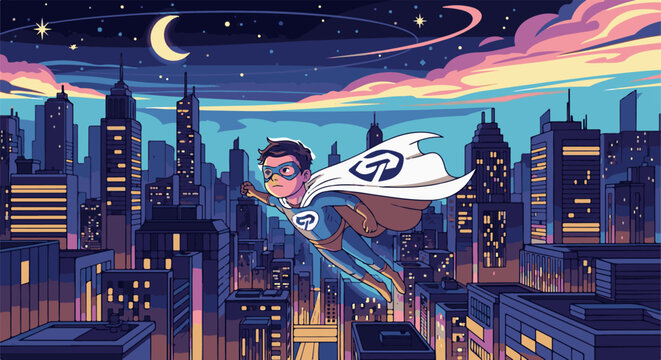 Young hero soars through a pixelated cityscape under a crescent moon and starry sky