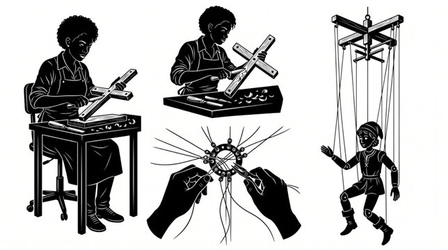 Puppet making craft set, artisan carving wooden marionette cross control and assembling puppet strings, black and white vector illustration silhouette linocut style