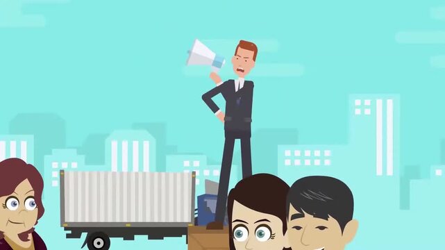2D Animation of a Leader Speaking through a Megaphone to a Crowd, Public Relations and Leadership Protest Concept