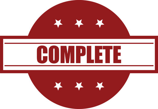 Bold red Complete circular stamp with stars indicating a successful finish or finalization of a task