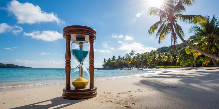 Hourglass with blue and yellow sand on a tropical beach