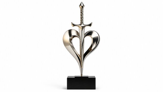 A sleek modern trophy in the abstract shape of a sword piercing a stylized heart, metallic finish on a simple pedestal.
