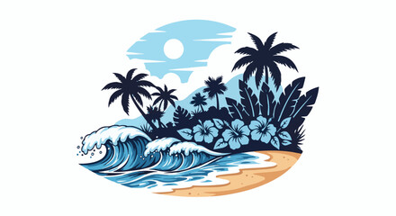 Obraz premium Tropical island scene with crashing waves, palm trees, and hibiscus flowers under a bright sun