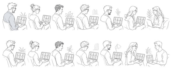 Fototapeta premium Diverse group of people engaging in video calls on laptops, illustrating remote communication