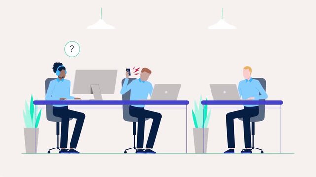 2D Animated Scene of Telemarketers Working Simultaneously with Clocks showing World Timezones, Global Helpline Center Concept