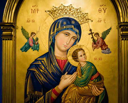 Virgin Mary and Child Jesus icon, Byzantine Christian religious artwork, sacred Madonna and Child portrait with golden halo, traditional Orthodox iconography, Catholic devotion, holy family, spiritual