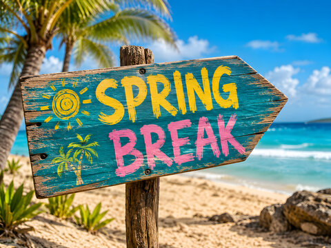 Spring Break beach sign, tropical vacation travel destination, colorful wooden direction sign on sunny seaside, palm trees, turquoise ocean, sandy beach, summer holiday getaway, coastal tourism, tropi