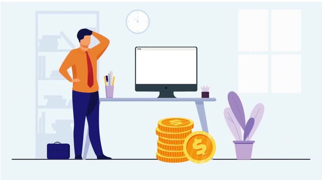 2D Animation of a Businessman Thinking Near a Computer Desk and a Growing Stack of Gold Coins, Wealth Creation Concept