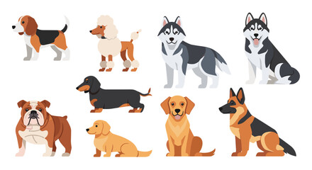 Fototapeta premium collection of eight pixel art dogs, including beagle, poodle, husky, bulldog, dachshund, golden retriever, and german shepherd breeds, on a white