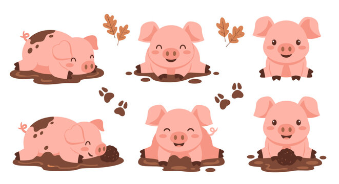 Collection of cute cartoon pigs in mud, happy farm animals with muddy paws and autumnal leaves, playful countryside illustration