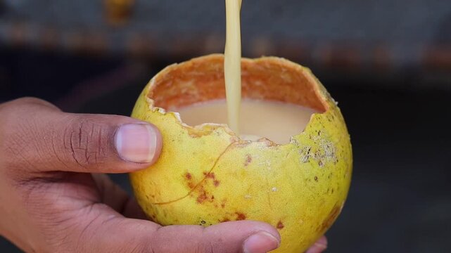 Pouring fresh wood apple juice back into its hollow shell, close up of healthy traditional Indian bel sharbat preparation, summer refreshing organic drink
