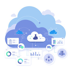 Obraz premium Cloud computing concept with data management, network connections, and business analytics dashboards.