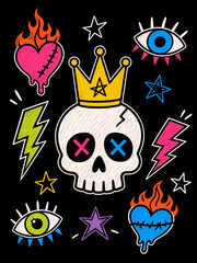 Naklejka premium Colorful cartoon-style skull and heart graphic design