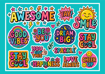 Fototapeta premium Vibrant collection of positive and motivational word stickers with cute illustrations like suns, rainbows, and hearts on a teal background.