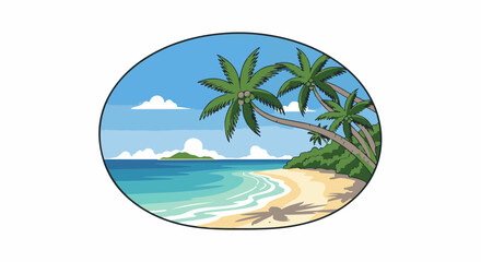 Obraz premium Tropical island with palm trees, sandy beach, turquoise ocean, and distant green island