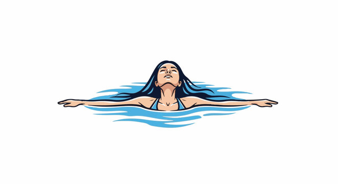 Woman with long dark hair swimming on her back, arms outstretched in blue water