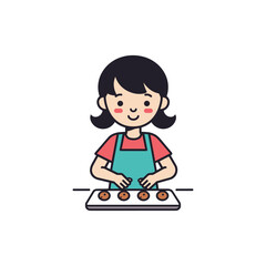 Fototapeta premium Cute girl baking cookies, cartoon style, making treats in kitchen, happy child
