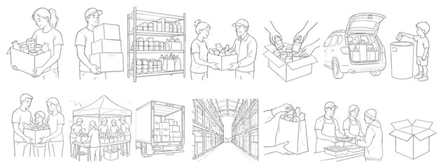 Obraz premium Illustrations depicting food bank operations and community support efforts
