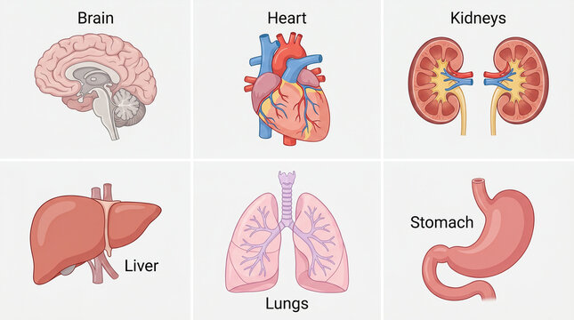 Human anatomy: brain heart kidneys liver lungs stomach
