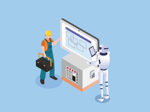 Technician and Robot Collaborating on Industrial Control Panel Maintenance 3d isometric vector illustration