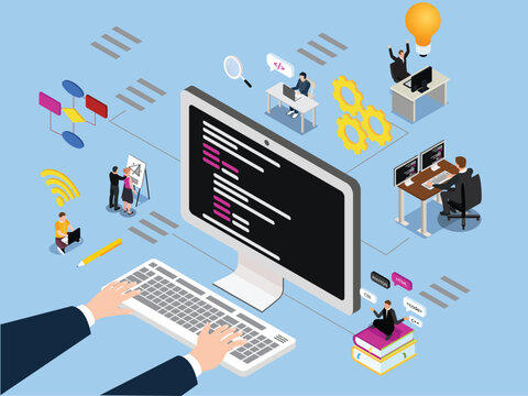 software development team coding and managing project workflow 3d isometric vector illustration
