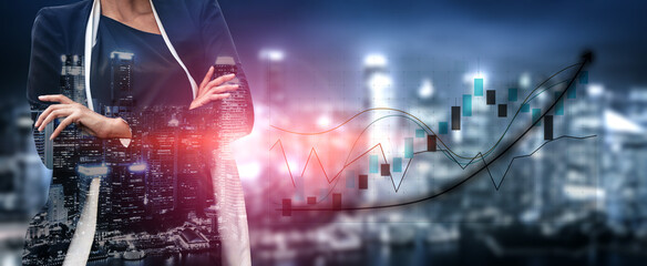 A sophisticated businesswoman stands confidently in front of a vibrant urban skyline, symbolizing financial growth with sleek data visualizations. Impute © InfiniteFlow