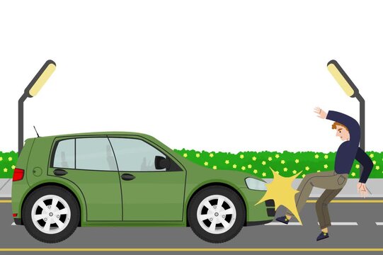 A flat vector illustration depicting a pedestrian accident involving a compact green car and a person crossing the street. 