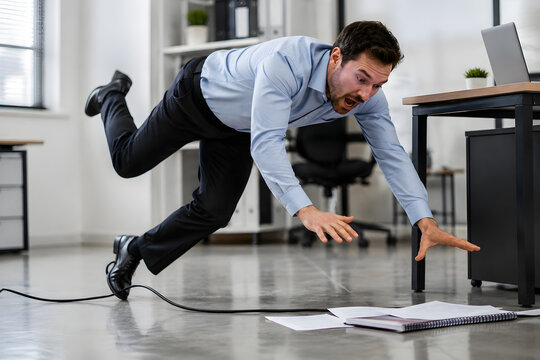 Office worker falling workplace accident man slipping floor papers corporate employee injury, business professional losing balance while tripping in modern office, workplace safety hazard, occupationa