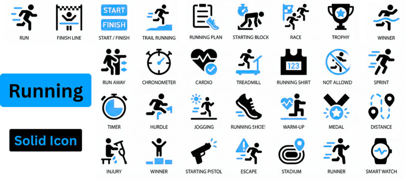 Running solid icon set on white background. Running icon set. 