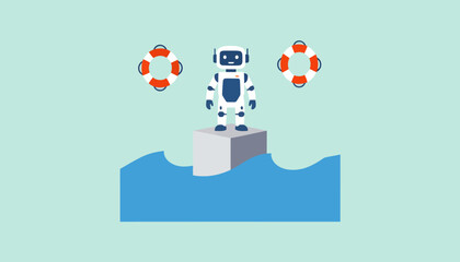 AI Robot in Distress on a Floating Platform with Rescue Buoys © MuhammadHaris