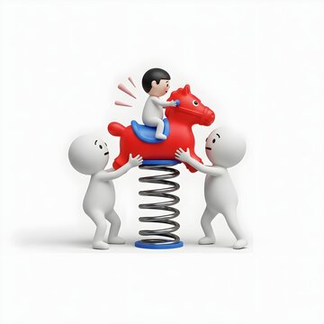 Characters assisting a child on a red spring rocking horse