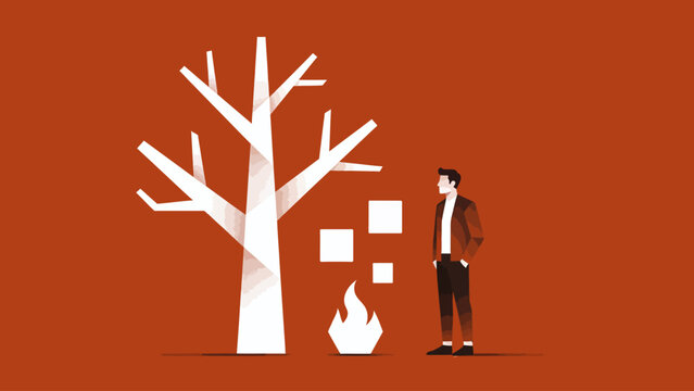 Facing a metaphorical burning tree and fragmented digital data, a man ponders the critical crossroads of environmental sustainability and technological impact on our future