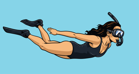 Vintage retro detailed hand-drawn illustration of a female freediver swimming underwater in a black one-piece swimsuit over a blue background © harrisaputra